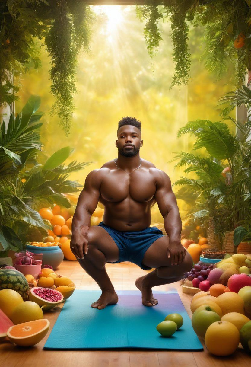 A powerful depiction of diverse men engaging in fitness activities, showcasing muscular diversity and body positivity, surrounded by elements of holistic health like fruits, yoga mats, and meditative nature. Emphasize a sense of community, empowerment, and well-being. The background should include vibrant greenery and soft sunlight, creating an inviting atmosphere. abstract and colorful style. vibrant colors. soft glow.