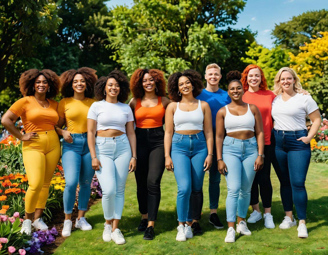 A diverse group of individuals from the LGBTQ+ community standing confidently together in a vibrant park, showcasing different body types and styles. Emphasize their joyful expressions and the sense of unity among them, surrounded by colorful flowers and greenery that symbolize growth and wellness. The scene should radiate positivity and empowerment. super-realistic. vibrant colors. sunny background.