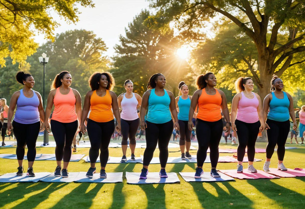 A diverse group of people engaging in various fitness activities outdoors, showcasing body positivity and inclusivity. Highlight different body shapes, sizes, and abilities, with smiles and encouragement exchanged among participants. Background featuring a vibrant community park, with trees and colorful exercise equipment. Include a sunset casting a warm glow over the scene, symbolizing hope and acceptance. vibrant colors. super-realistic.